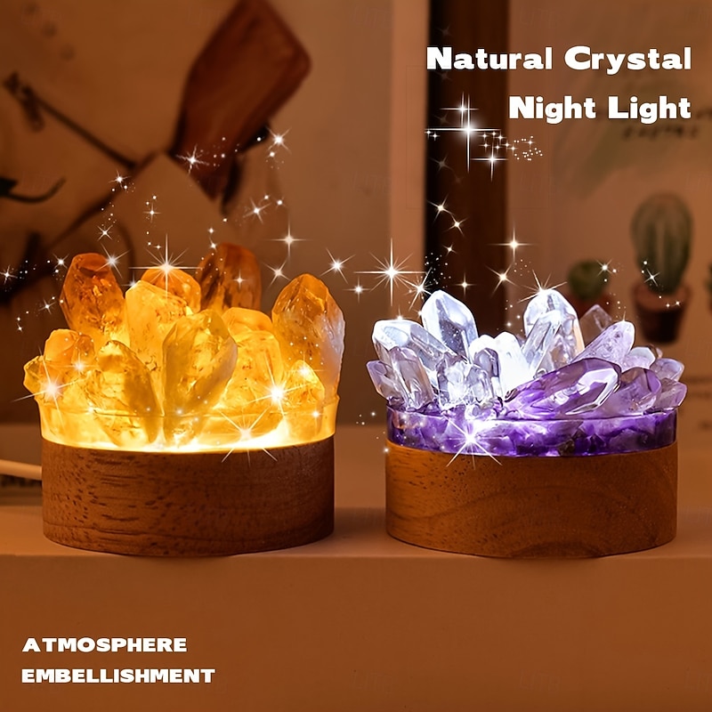 Glam Style 1pc Natural Crystal Cluster Night Light - USB Powered Ambient Lamp Resin and Stone White Color Mode - Universal Holiday Gift for Home Desktop and Bedside Decor