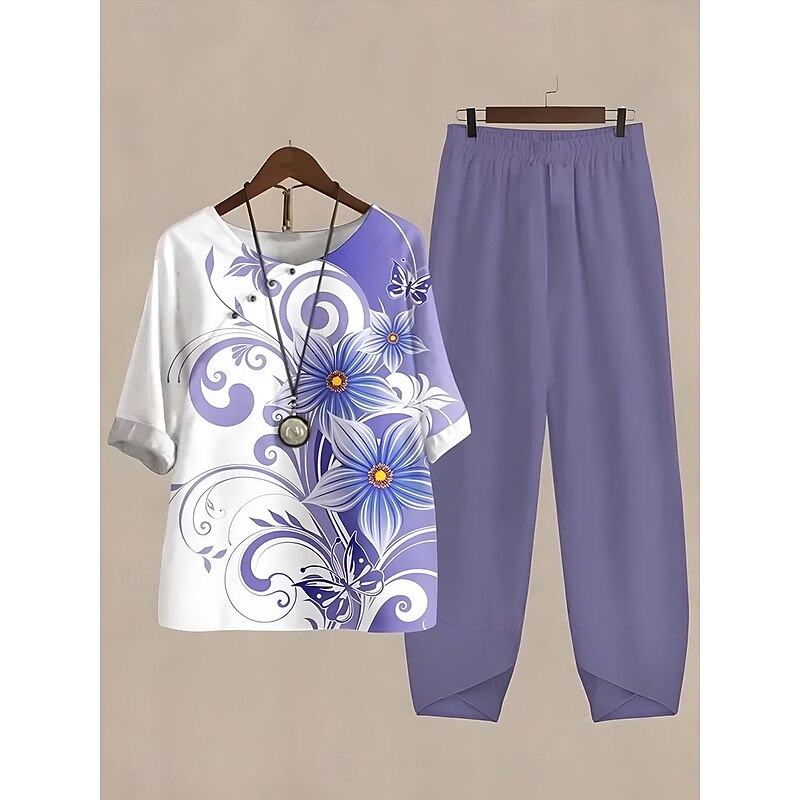 Women's Basic Shirt Pants Sets Half Sleeve Round Neck Floral Graphic Plant Print Outdoor Casual Daily Pink Blue Purple Summer Regular Fit