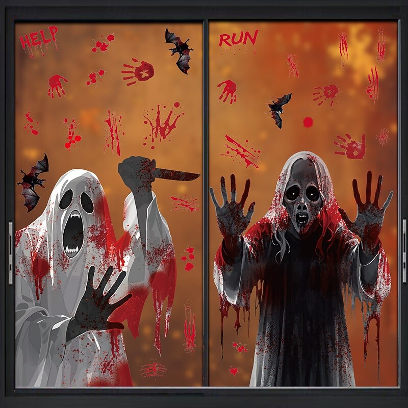 Halloween Window Cling Sticker Decals Decorations Double Side, Female Ghost Bloody Handprint Static Stickers for Glass and Halloween Party Decor3