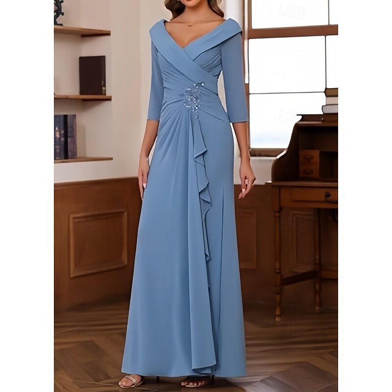 A-Line Wedding Guest Dresses Elegant Dress Wedding Guest Engagement Floor Length 3/4 Length Sleeve V Neck Chiffon with Pleats Ruched Beading3