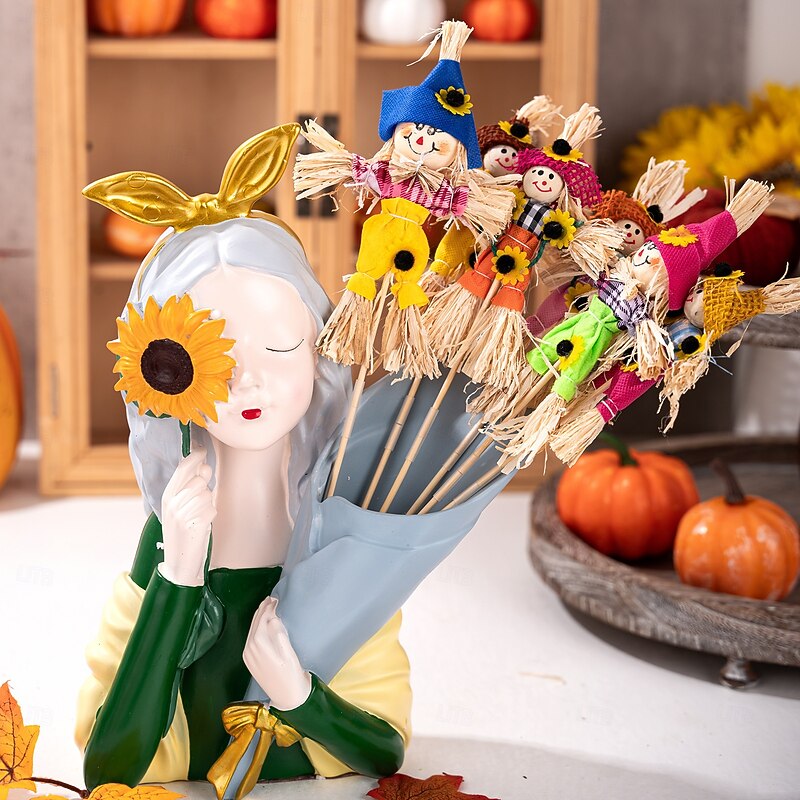 6pcs Fall Thanksgiving Wooden Scarecrow Picks Set, Harvest Season Stick Decorations for Floral Bouquets, Table Centerpieces, Rustic Farmhouse Display3