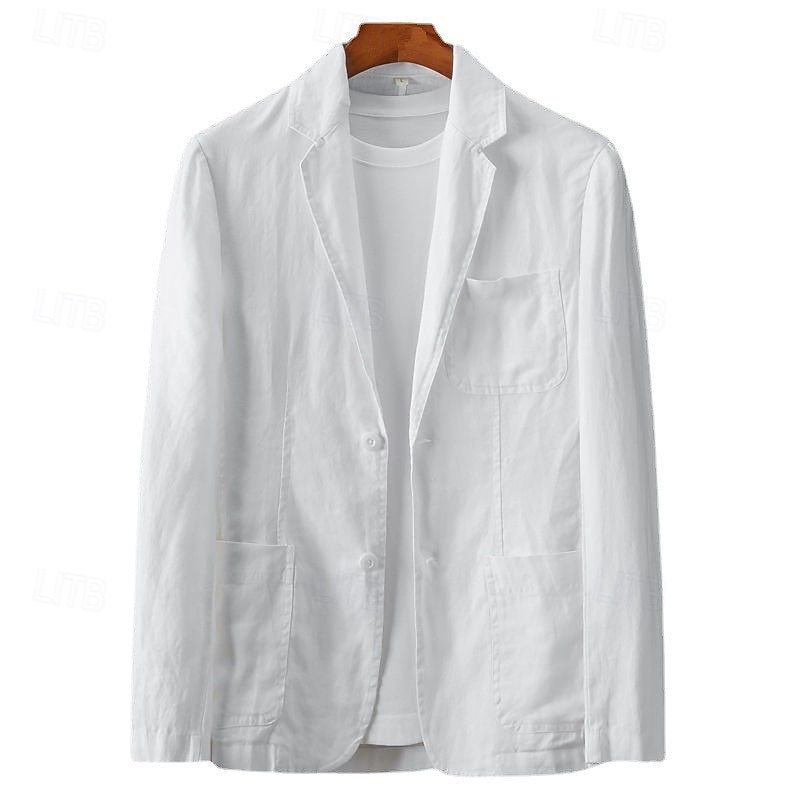 Men's Linen Blazer Sport Coat Casual Daily Beach Wedding Fashion Lightweight All Seasons Cotton Linen Solid Colored Basic Single Breasted Two-button Blazer White Sky Blue Beige3
