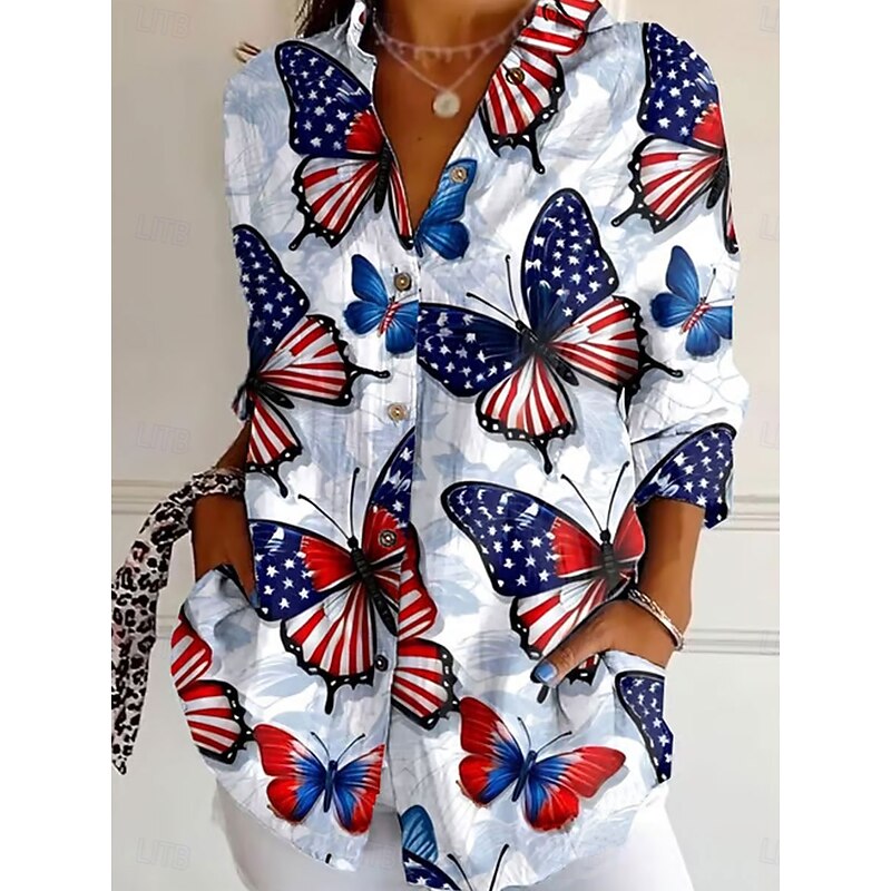 Women's Patriotic Shirt Graphic Flag Butterfly Vintage Stylish Casual Regular Tops Daily White Blue Spring2