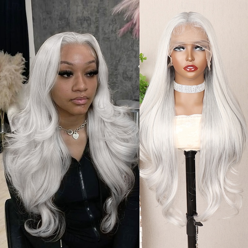 Synthetic Lace Wig Body Wave Style 30 inch Gray Middle Part 13x6 Lace Front Wig Women's Wig Creamy-white