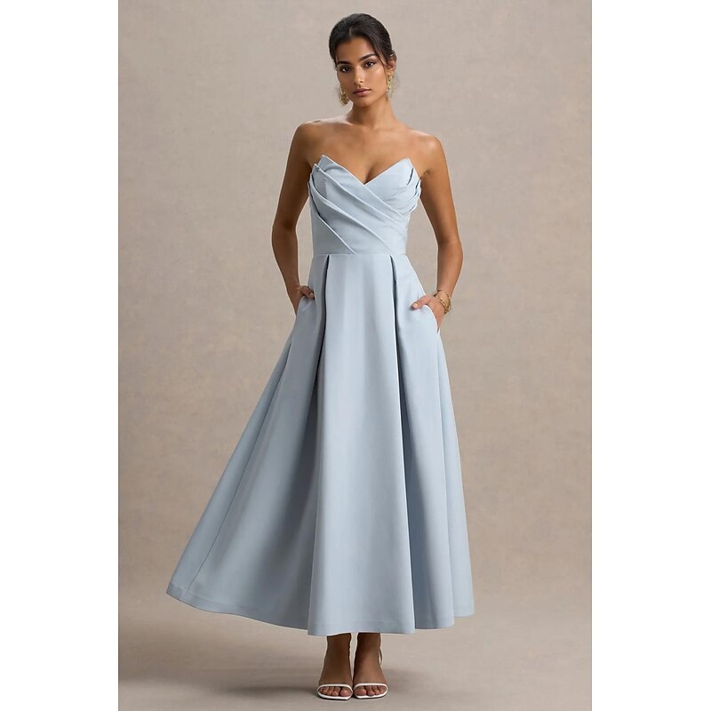 A-Line Cocktail Dresses Elegant Dress Formal Wedding Tea Length Midi Length Sleeveless Sweetheart Stretch Crepe with Pleats Pocket