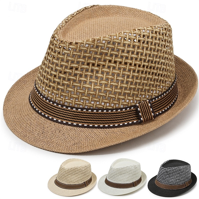 Breathable Sun Hat Men's Straw Hat With Mesh Stitching British Retro Jazz Hat Sun Hat 2025 - $8.49