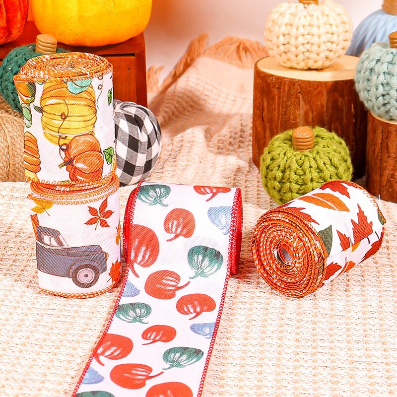 1 Roll Fall Burlap Ribbon,Buffalo Plaid Wired Edge Ribbon with Pumpkin Pattern Thanksgiving Theme Craft Ribbons Rustic Autumn Harvest Ribbons for Wrapping Gifts Making Wreath Bow