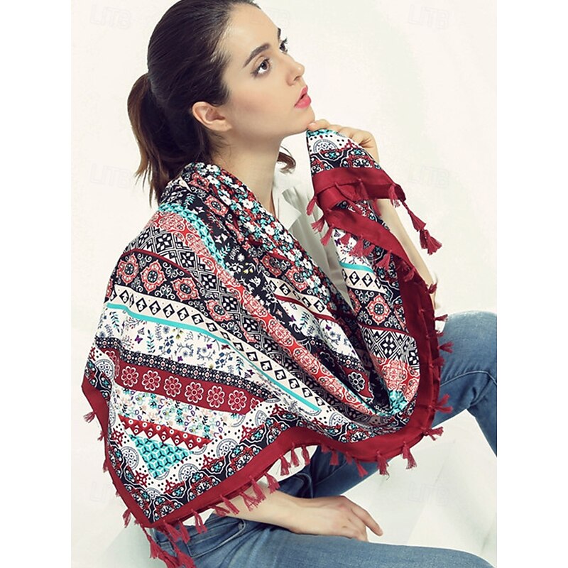 Women's Boho Square Scarf with Tassels – Lightweight Blended Cotton Ethnic Print Shawl for Casual Outfits, Travel and Festivals2