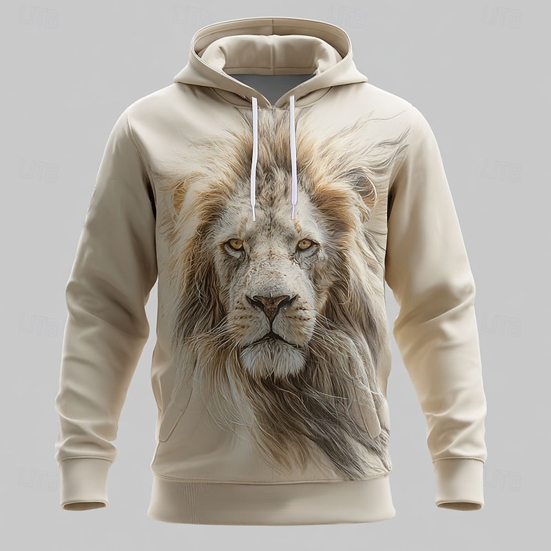 Men's Lion 3D Hoodies Sweatshirt Cool Party Long Sleeve Crew Neck Club Streetwear White Green Drawstring Fall Winter Designer