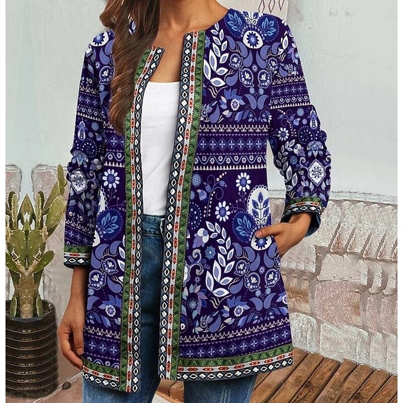 Women's Blazer Work Print Floral Comfortable Elegant Regular Fit Outerwear Long Sleeve Fall Yellow S4