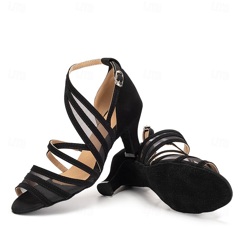 Women's Black Strappy Latin Dance Shoes with Mesh Panels and Suede Sole, Open Toe Ballroom Heels for Salsa, Tango, and Performance Practice2