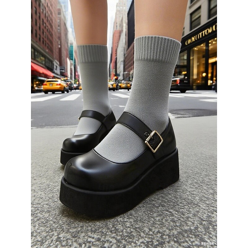 Women's Burgundy Platform Mary Jane Shoes with Buckle Strap, Chunky Retro Flats for Casual Dates and Everyday Wear