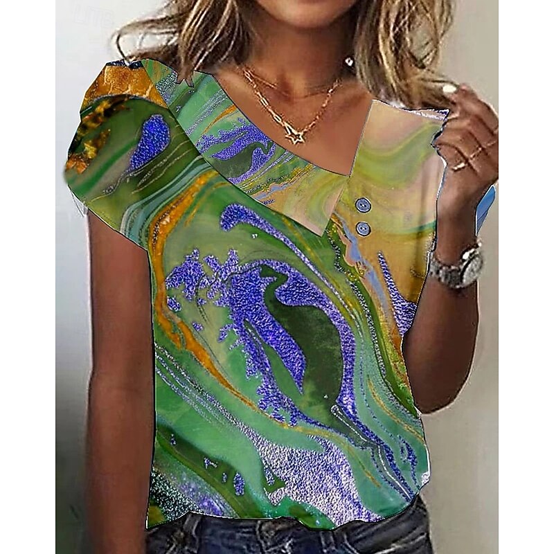 Women's Blouse Graphic Marble Elegant Stylish Casual Short Sleeve Asymmetrical Regular Tops Daily Holiday Buttons Purple Orange Green Summer