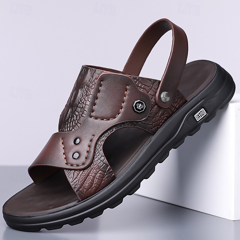 Men's Brown Faux Leather Sandals with Adjustable Strap Cushioned Sole and Cut-Out Design Comfortable for Outdoor Walking Casual Summer Wear