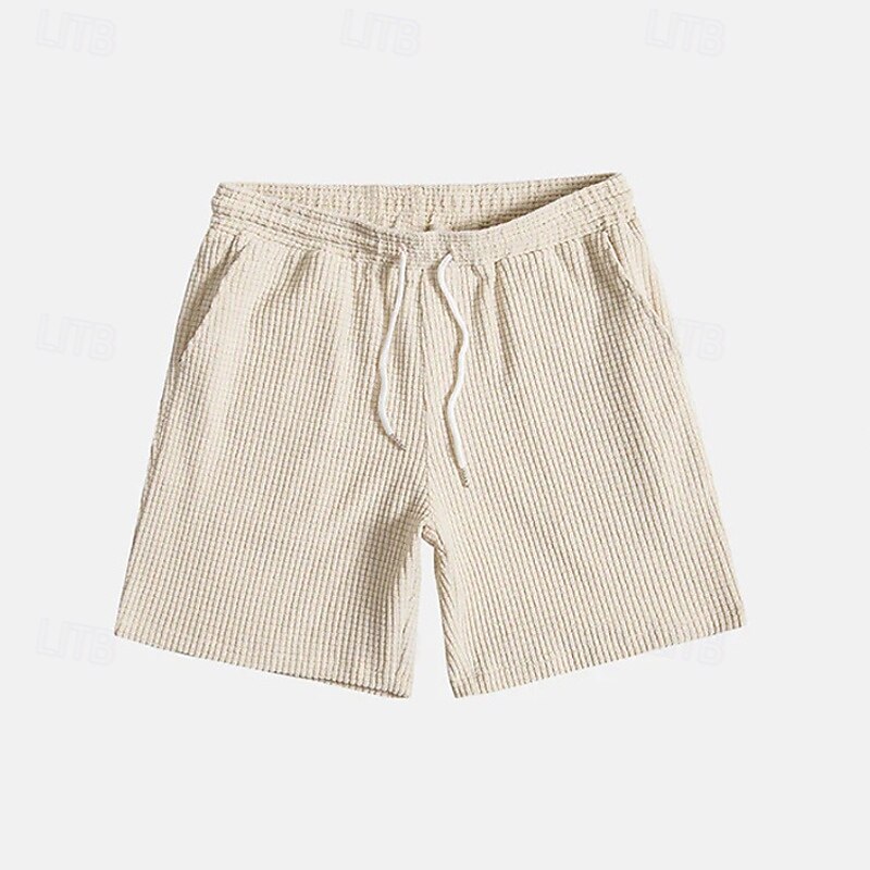 Men's Waffle Shorts Summer Shorts Casual Shorts Pocket Elastic Waist Drawstring Plain Comfort Breathable Short Vacation Holiday Casual Army Green Apricot4