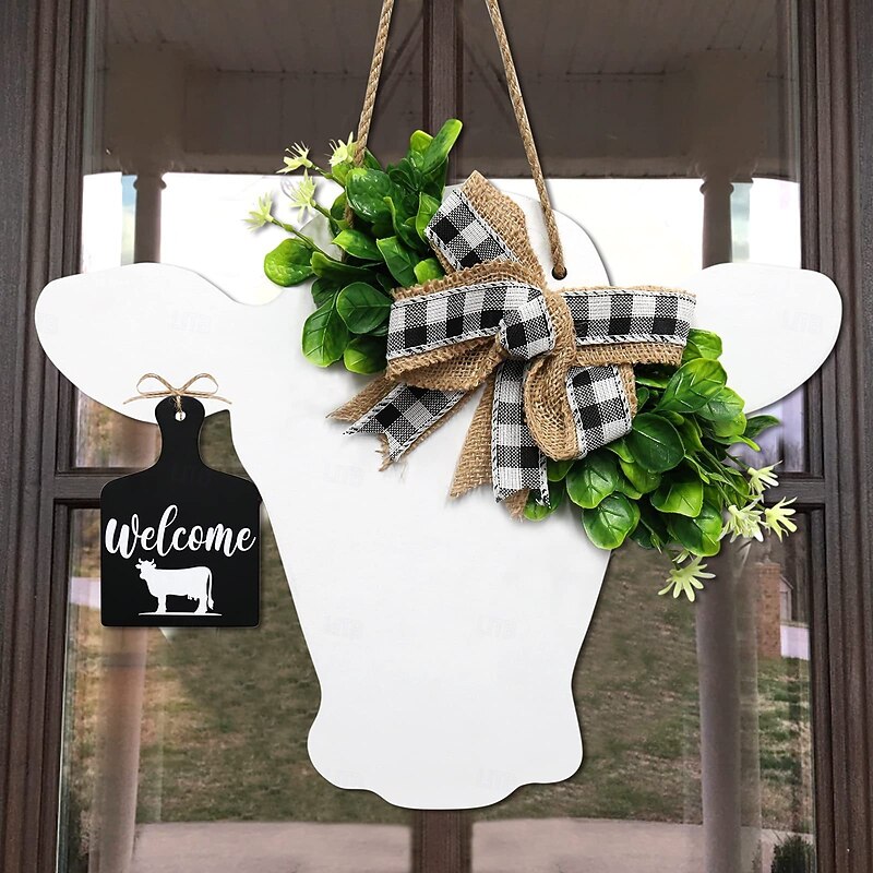 Farmhouse Cow Head Door Wreath with Buffalo Plaid Bow, Faux Floral Front Door Garland with Wooden Calf Sign, Rustic Country Wall Decor
