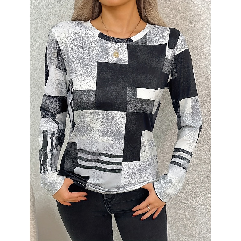 Women's T shirt Crew Neck Long Sleeve Tunic Graphic Geometric Vintage Stylish Classic  Round Neck Regular Tops Daily Print Black and White Fall2