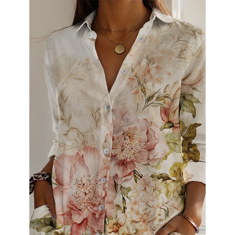 Women's Shirt Floral Active Daily Stylish Long Sleeve Shirt Collar Regular Tops Daily Holiday Buttons Print Khaki Spring Fall2
