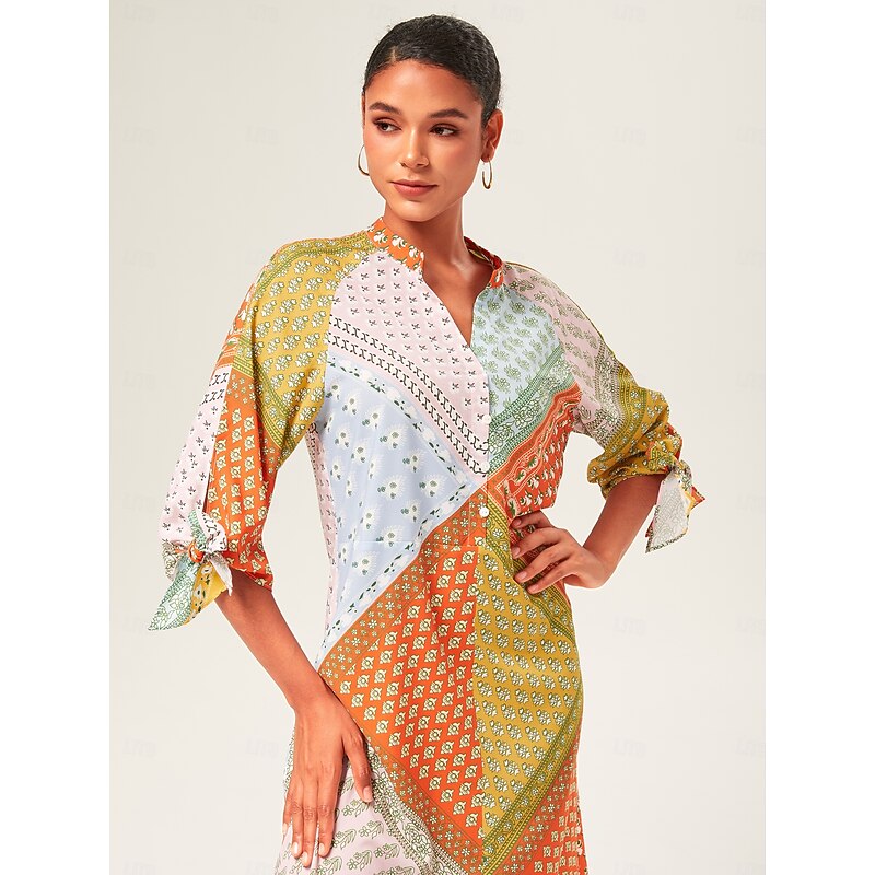 Colorful Silk Scarf Printed Tie Sleeve Maxi Dress2