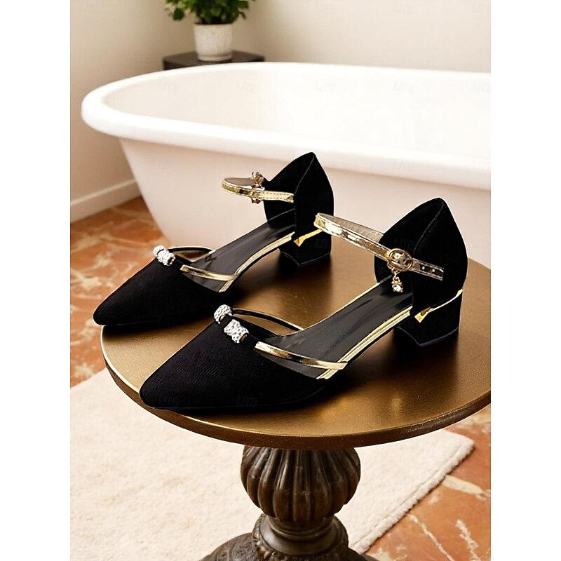 Women's Black Suede Block Heel Dress Shoes with Gold Ankle Straps, Rhinestone Buckle for Daily Date, Casual Office, Romantic Evenings4