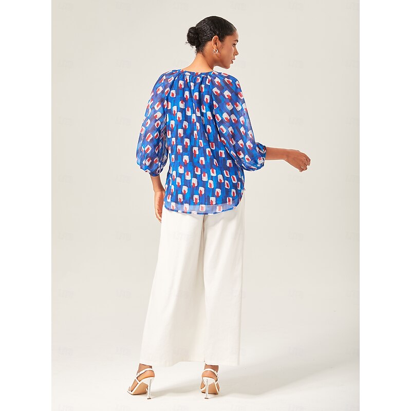 Geometric Chiffon Lantern Sleeve Top4
