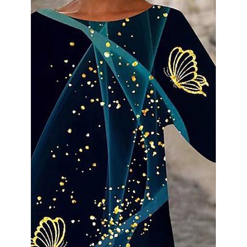 Women's Blouse Butterfly Daily Stylish Long Sleeve Crew Neck Regular Tops Daily Holiday Print Asymmetric Hem Navy Blue Summer Spring2