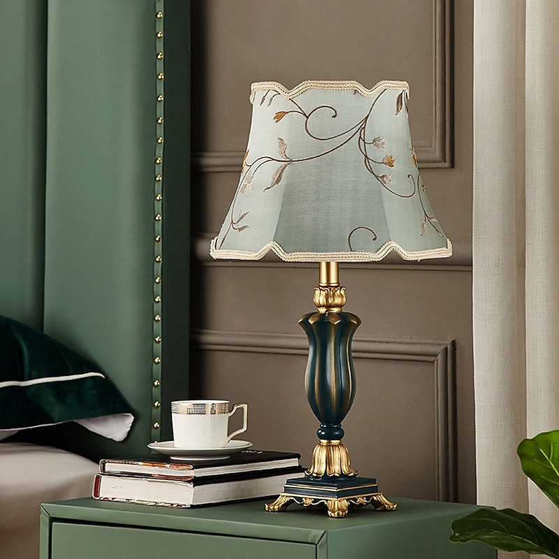 Bedside Lamps Table Lamp Traditional for Living Room 21.26'' Retro Bedroom Lamp Resin with Gray Green Lampshade for Bedside Table Nightlamps