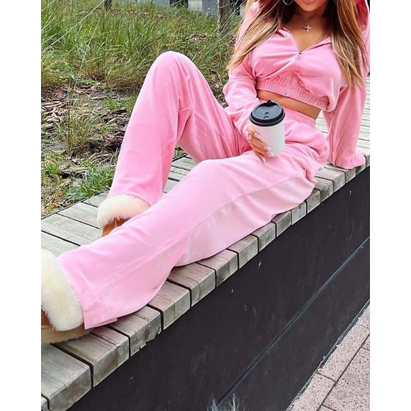 Women's Tracksuit Sweatpants Wide Leg Pants Cropped Zipper Pocket Solid Colored Clothing Suit Fall Black White Gym Athleisure Running Thermal Warm Windproof Long Sleeve Sport Activewear Stretchy4