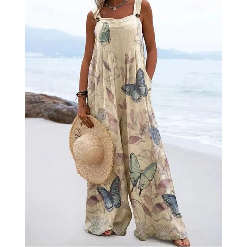 Women's Linen-Inspired Sets Active Floral Sleeveless Wide Leg Vacation Home Loose Fit Black White Yellow Summer3