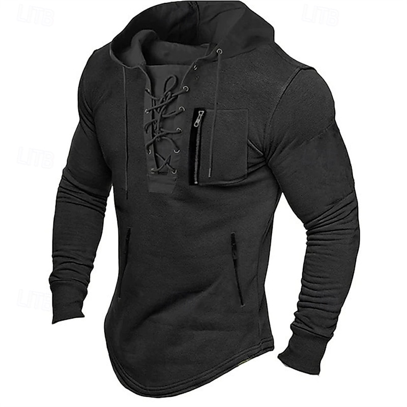 Men's T Shirt Tee Tee Top Long Sleeve Shirt Long Sleeve Hooded Spring Fall Plain Fashion Designer Basic Lace up Vacation Street Going out Black Light Grey Brown Top Tee for Men3