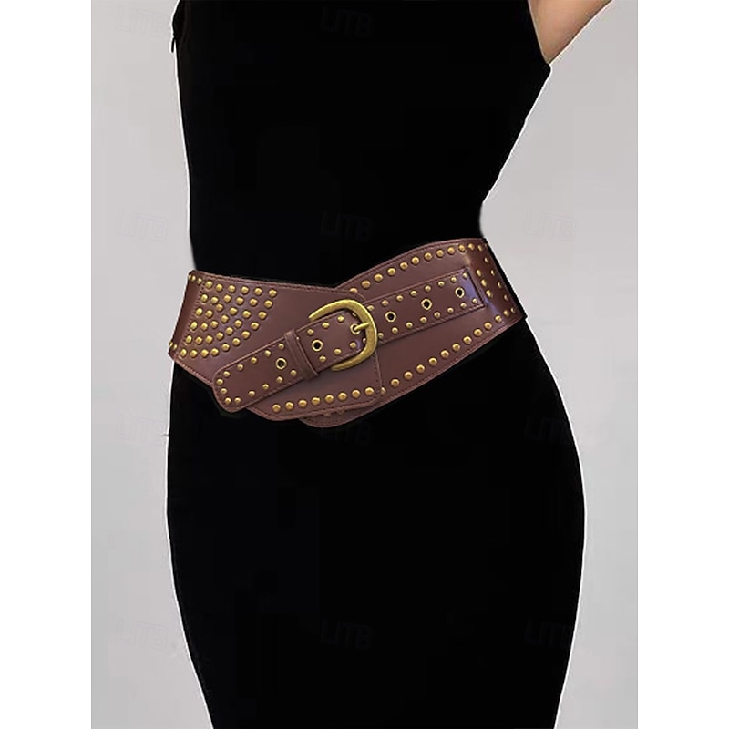 Women's Wide Black Brown Faux Leather Belt - Vintage Rivet Design with Brass Buckle, Perfect for Dresses, Cosplay and Gothic Costumes4