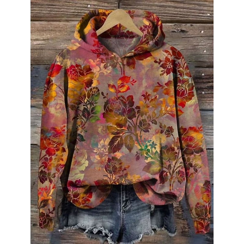 Women's Hoodie Pullover Sweatshirt Oversized Long Sleeve Casual Graphic Floral Warm Vintage Hooded Regular Tops Street Dailywear Print Red Blue Green Spring Fall Winter