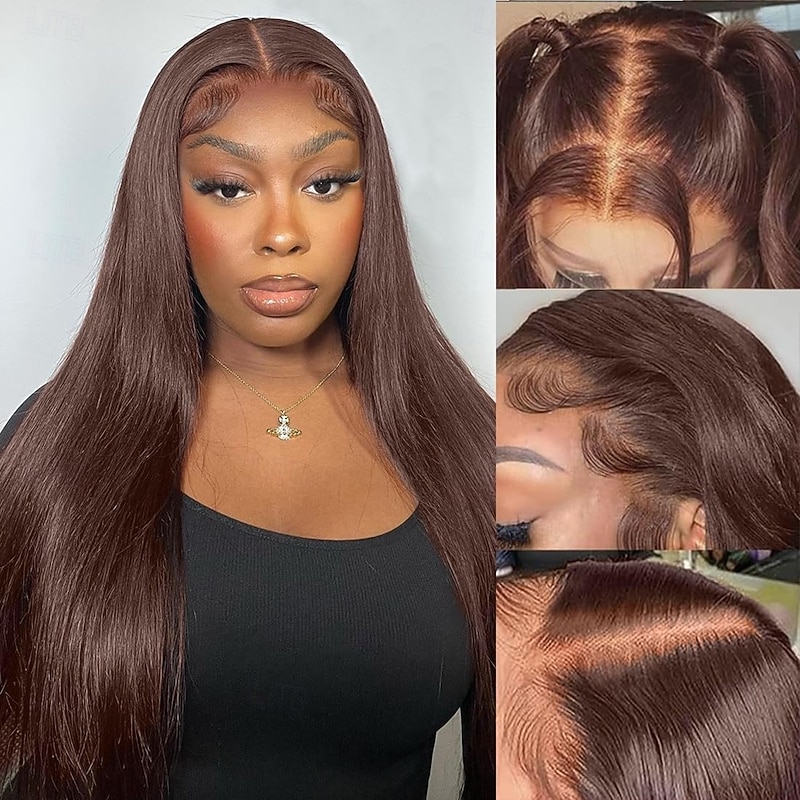 4# Brown13*4 Real Human Hair Front Lace Wig Straight Hair Human Hair 150% Density