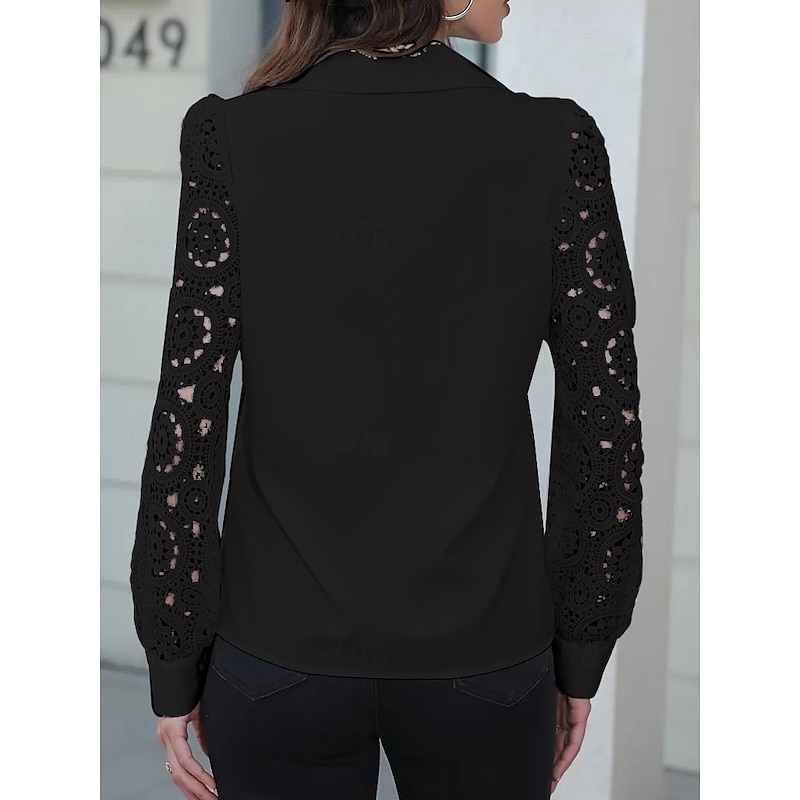 Women's Blouse Solid Color Elegant Long Sleeve Shirt Collar Regular Tops Daily Lace Buttons Cut Out Black White Spring Fall2