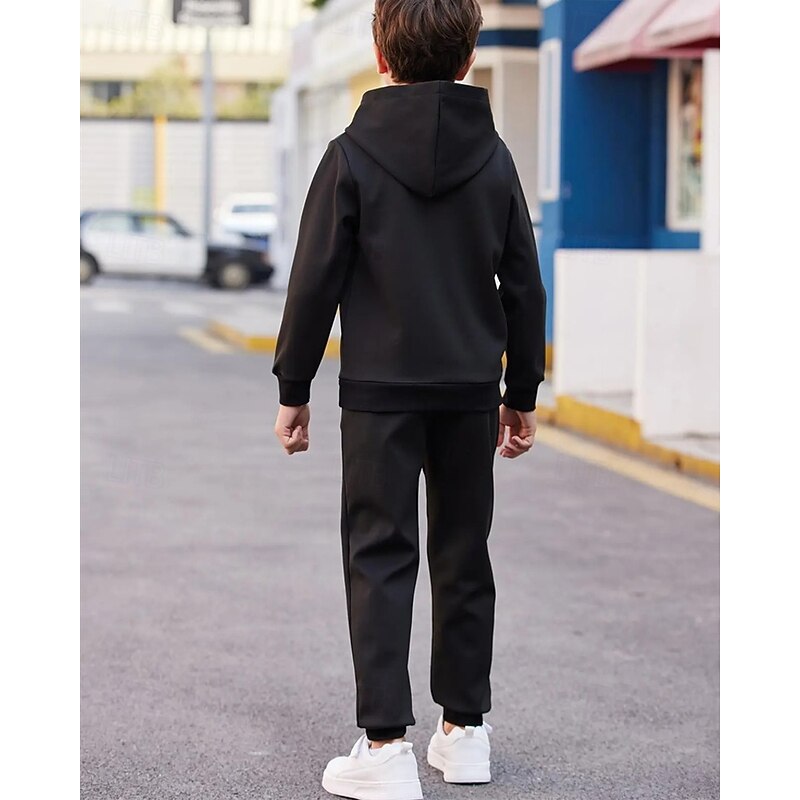 Boys' 3D Solid Color Hoodie & Sweatpants Set Sports Suit Tracksuits Long Sleeve Spring Fall Daily Basic Casual Kids 4-12 Years Hooded Outdoor Vacation Sports Tailored Fit2