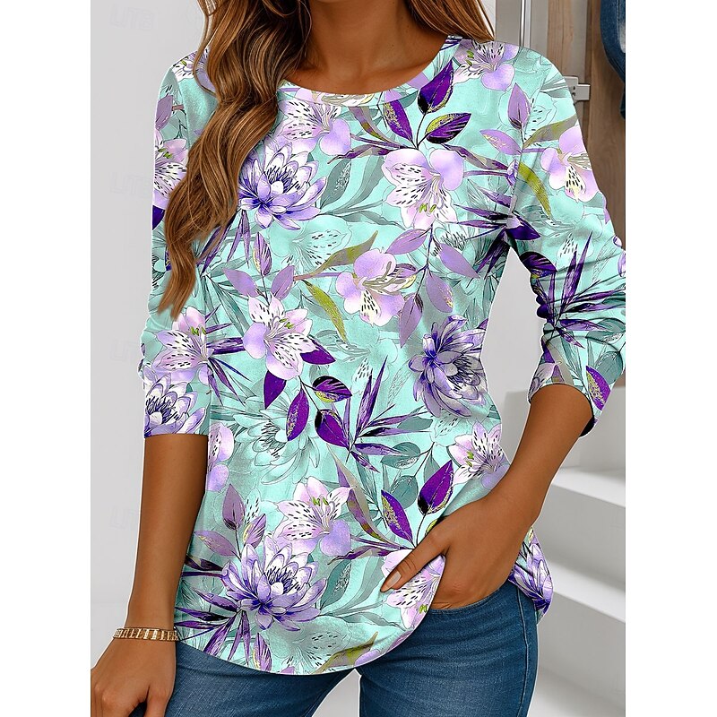 Women's T shirt Long Sleeve Crew Neck Long Sleeve Tunic Floral Graphic Vintage Stylish Classic Regular Tops Daily Weekend Print Pink Blue Purple Green Spring Fall Prefall