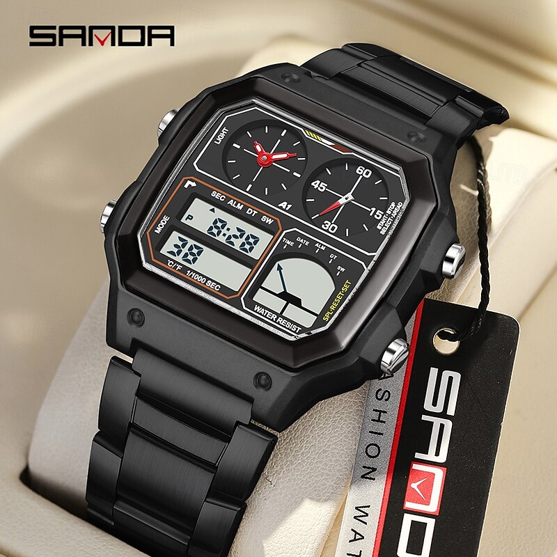 SANDA Men Digital Watch Outdoor Fashion Casual Wristwatch Luminous Stopwatch Alarm Clock Three Time Zones Steel Silicone Gel Watch