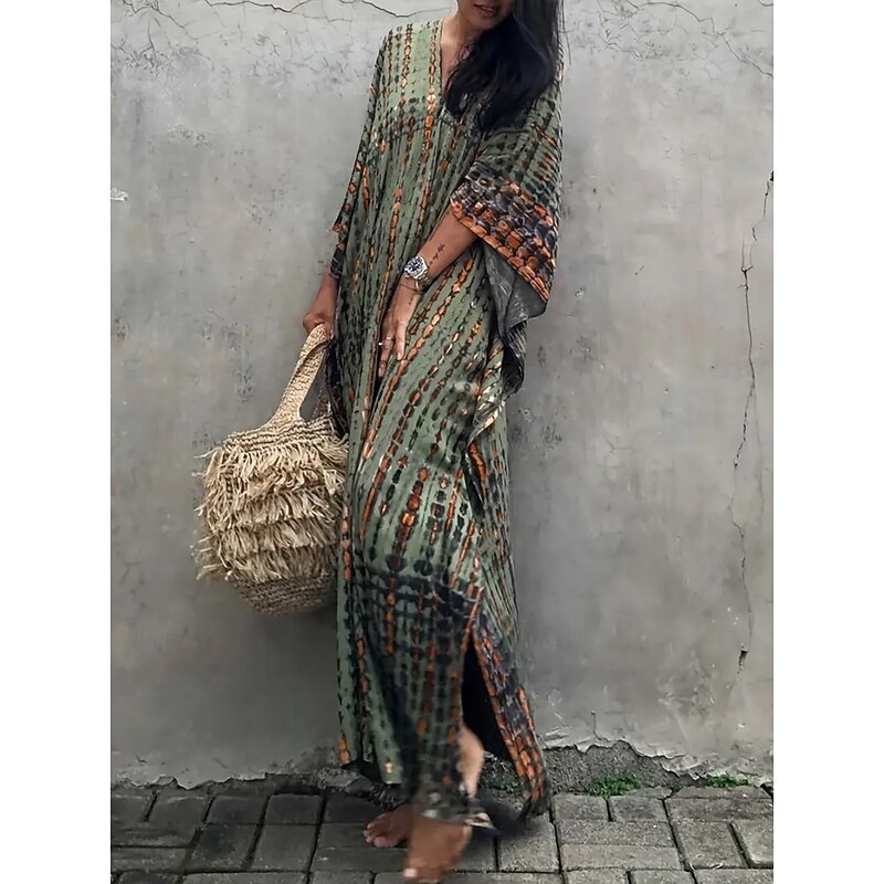 Women's Maxi Dress Sundress Vacation Casual Boho Outdoor Party Going out Regular Fit Geometric 3/4 Length Sleeve V Neck Yellow Red Blue Green Summer3