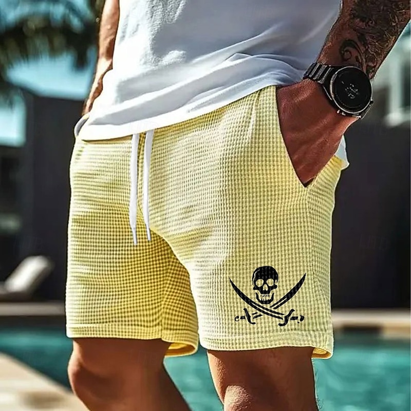 Men's Skull Pirate Waffle Shorts Sweat Shorts Casual Shorts Mid Waist Fashion Casual Vacation Jogging Workout Elastic Drawstring Waist Shorts with Pockets Designer Clothing Apparel3