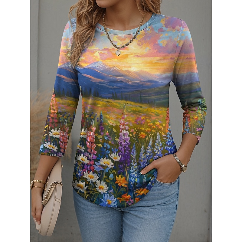 Women's T Shirt Graphic Scenery Fashion Modern Casual Long Sleeve Crew Neck Round Neck Regular Tops Daily Weekend Print Pink Red Blue Orange Spring Fall Winter