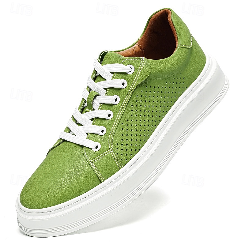 Men's Green Faux Leather Low-Top Sneakers, Stylish Perforated Design with Lace-Up Closure, Great for Street Style, Urban Casual and Spring Outfits3