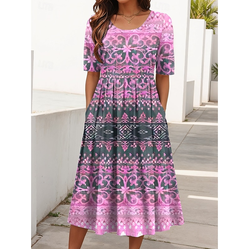 Women's Midi Dress Summer Dress Pleated Dress Vacation Casual Holiday Regular Fit Graphic Geometric Half Sleeve Crew Neck Pink Blue Purple Green Summer Spring Fall4