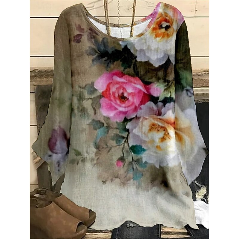 Women's Shirt Floral Stylish 3/4 Length Sleeve Crew Neck Regular Tops Daily Holiday Print Sage Green Blue Green Summer
