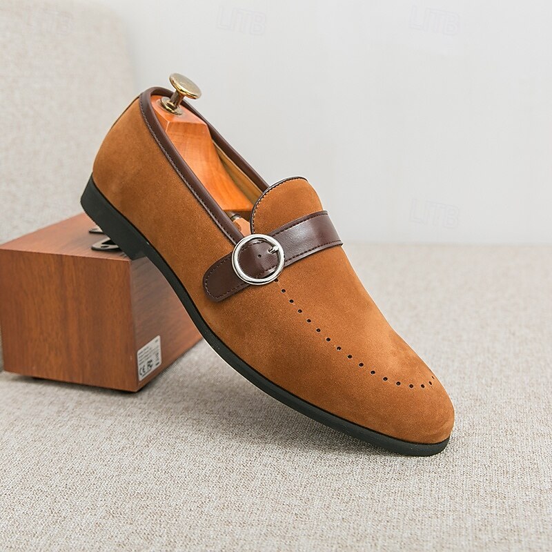 Men's Brown Faux Suede Loafers with Buckle Strap Slip-On Dress Shoes for Office Parties and Daily Wear3