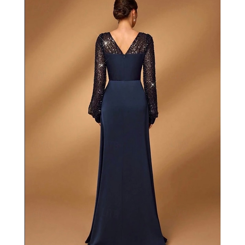 A-Line Mother of the Bride Dress Elegant Simple Minimalist V Neck Floor Length Satin Sequined Long Sleeve with Pleats4