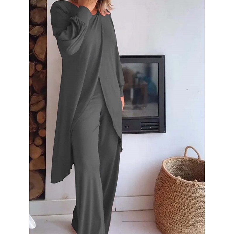 Women's Fashion Streetwear Daily Pants Sets Long Sleeve Crew Neck Solid Color Ruched Casual Daily Black White Red Spring Regular Fit4