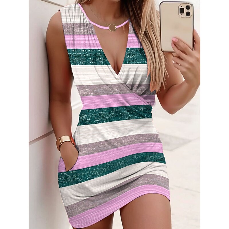 Women's Mini Dress Sheath Dress Wrap Dress Sundress Summer Dress Casual Daily Regular Fit Graphic Striped Sleeveless V Neck Pink Purple Green Gray Summer3