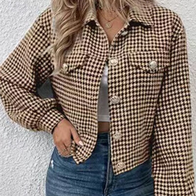 Women's Casual Jacket Comfortable Pocket Buttons Fashion Houndstooth Outdoor Vacation Holiday Going out Single Breasted Regular Turndown Regular Fit Long Sleeve Outerwear Black Red Sky Blue Fall