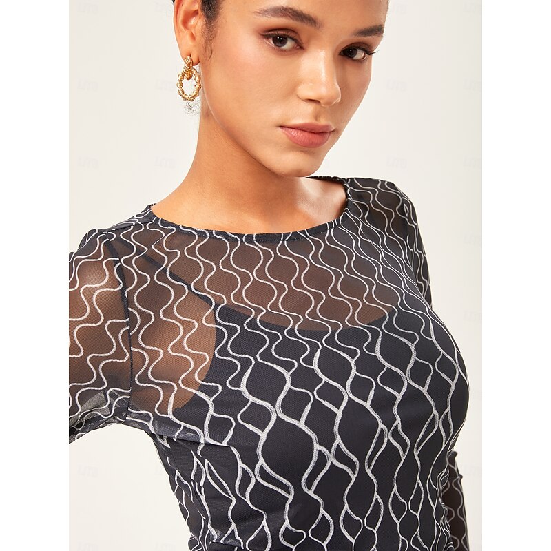 Women's Female Bottoming Shirt Geometric Casual Illusion Sleeve Black Long Sleeve Elegant Bohemia Vacation Crew Neck Summer Fall Cross-Seasons2