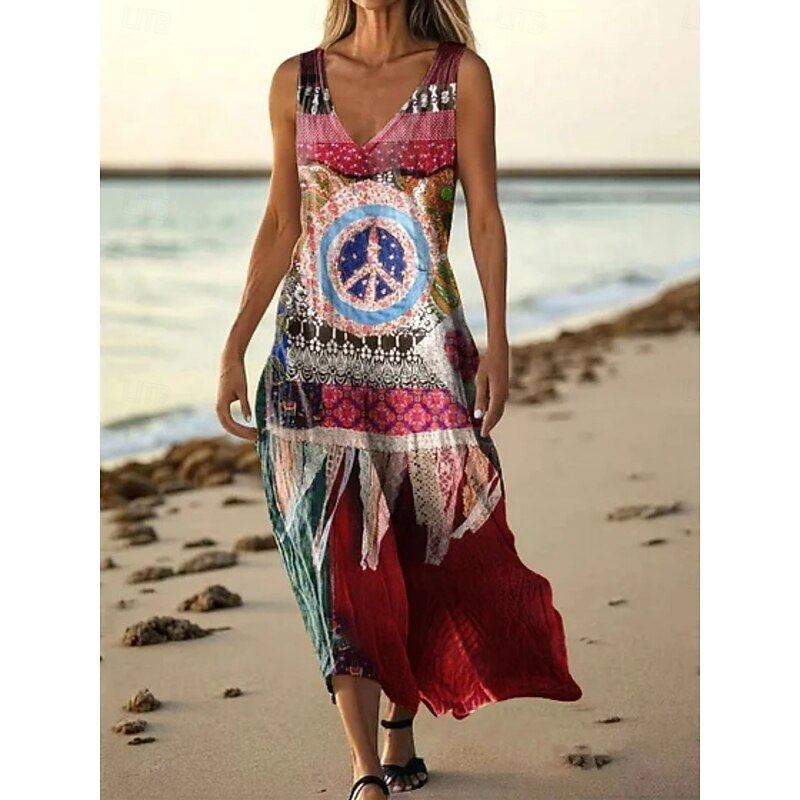 Women's Long Dress Maxi Dress Casual Dress Tank Dress Summer Dress African Daily Holiday Beach Regular Fit Floral Plaid Sleeveless V Neck Royal Blue Blue Fuchsia Summer3